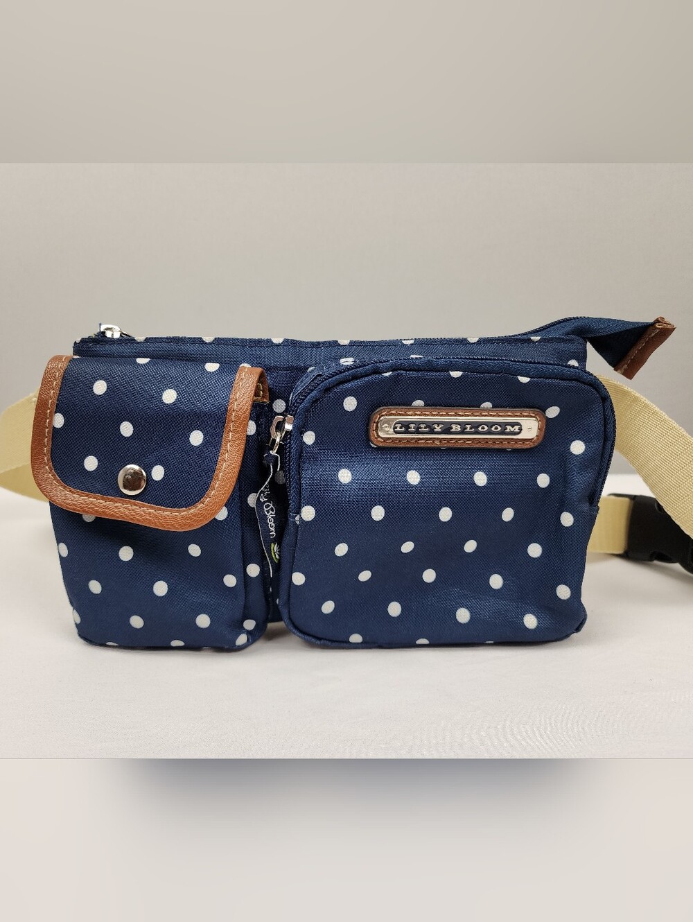 Lily Bloom Waist Bag - Navy White Polka Dot With Tan Trim